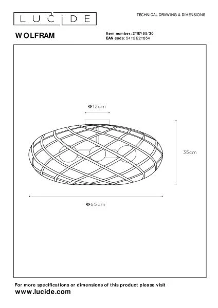 Lucide WOLFRAM - Plafonnière - Ø 65 cm - 3xE27 - Zwart - technisch